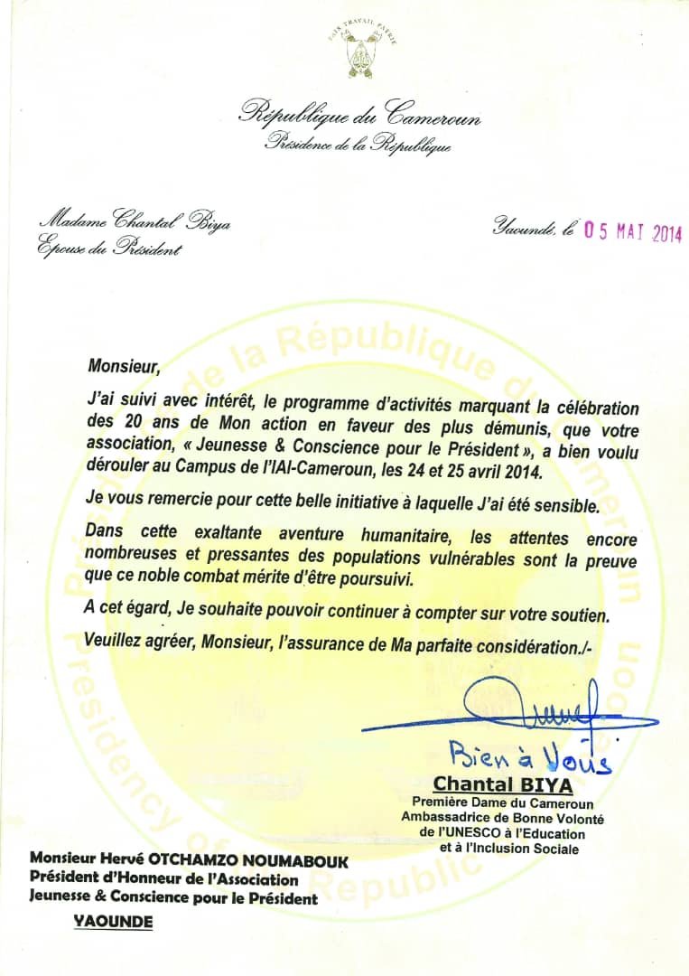 Lettre de Madame Chantal BIYA à la jeunesse